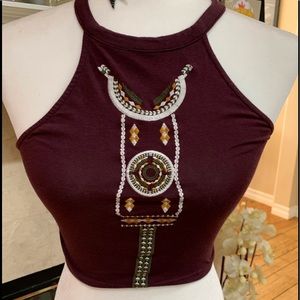 La hearts crop top, XS,  burgundy, embroidered